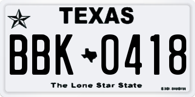 TX license plate BBK0418