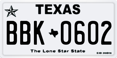 TX license plate BBK0602