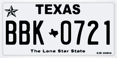 TX license plate BBK0721