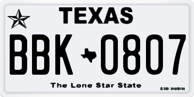 TX license plate BBK0807