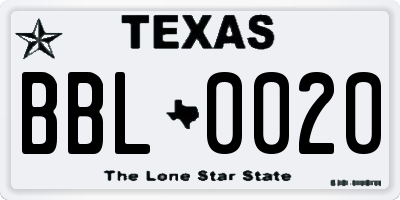 TX license plate BBL0020