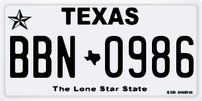 TX license plate BBN0986
