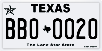 TX license plate BBO0020