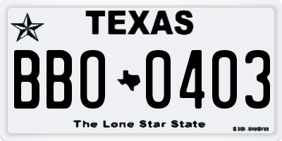 TX license plate BBO0403