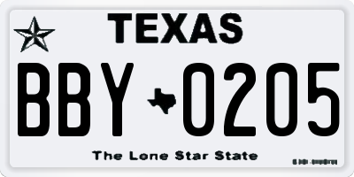 TX license plate BBY0205