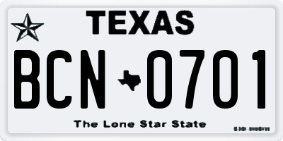 TX license plate BCN0701
