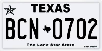 TX license plate BCN0702