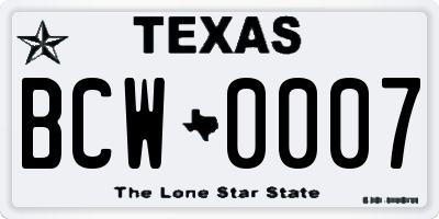 TX license plate BCW0007