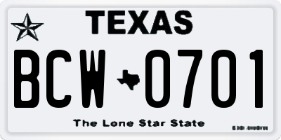 TX license plate BCW0701