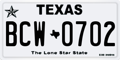 TX license plate BCW0702