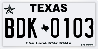 TX license plate BDK0103