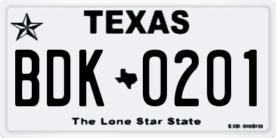 TX license plate BDK0201