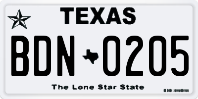 TX license plate BDN0205
