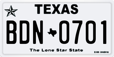 TX license plate BDN0701