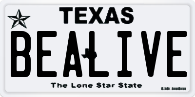 TX license plate BEALIVE