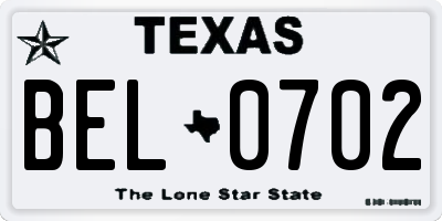TX license plate BEL0702