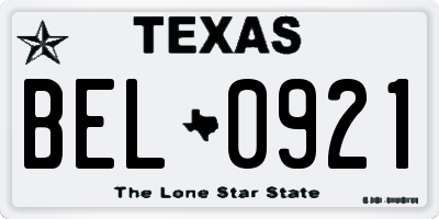TX license plate BEL0921