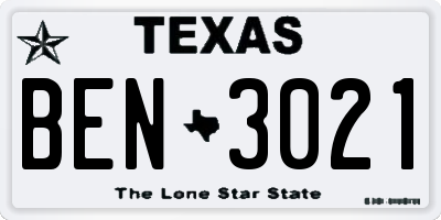 TX license plate BEN3021