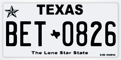 TX license plate BET0826