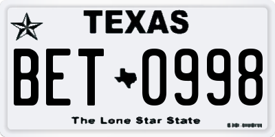 TX license plate BET0998