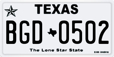 TX license plate BGD0502