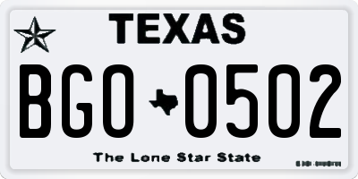 TX license plate BGO0502