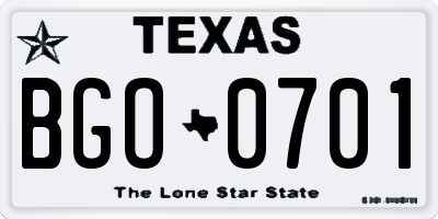 TX license plate BGO0701