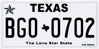 TX license plate BGO0702