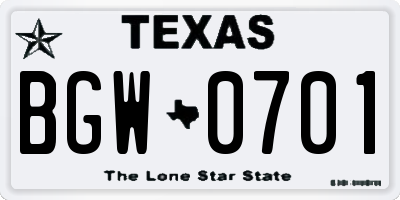 TX license plate BGW0701