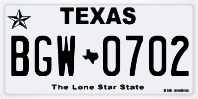 TX license plate BGW0702