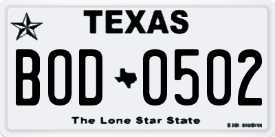 TX license plate BOD0502