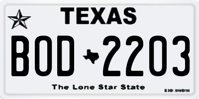 TX license plate BOD2203