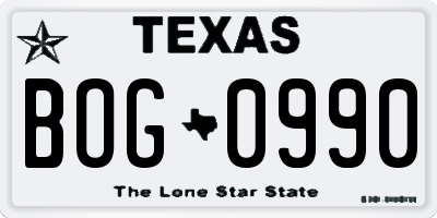 TX license plate BOG0990