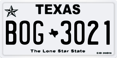 TX license plate BOG3021