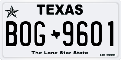 TX license plate BOG9601