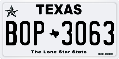 TX license plate BOP3063