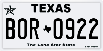 TX license plate BOR0922