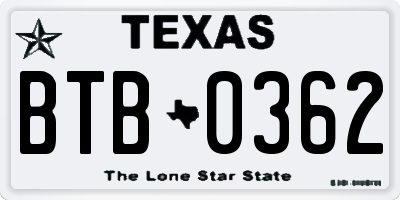 TX license plate BTB0362