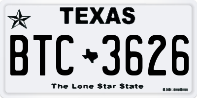 TX license plate BTC3626