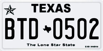 TX license plate BTD0502