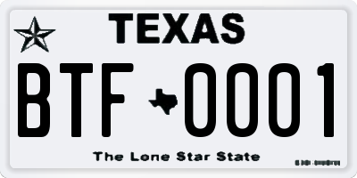 TX license plate BTF0001