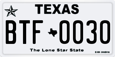 TX license plate BTF0030