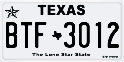 TX license plate BTF3012