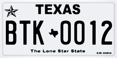 TX license plate BTK0012