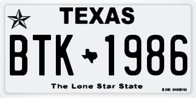 TX license plate BTK1986