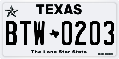 TX license plate BTW0203