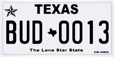 TX license plate BUD0013