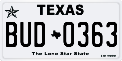 TX license plate BUD0363