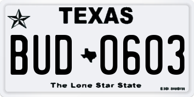 TX license plate BUD0603
