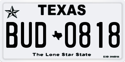 TX license plate BUD0818